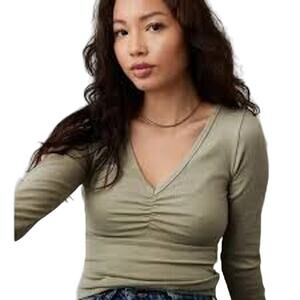 American Eagle Outfitters Olive Green Long Sleeve Ruched V-Neck Top